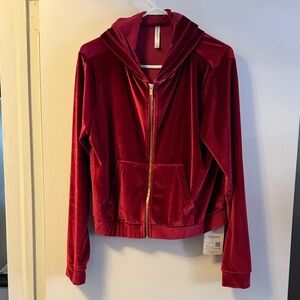 Fabletics Red Velvet Zippered Hoodie with gold accents size Large